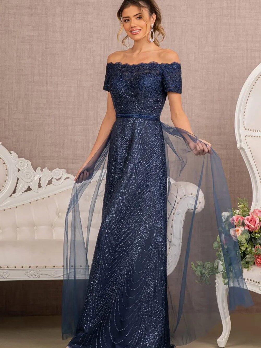 NEW NAVY Mesh & Glitter Evening Gown Floor Length Embellished GL2942